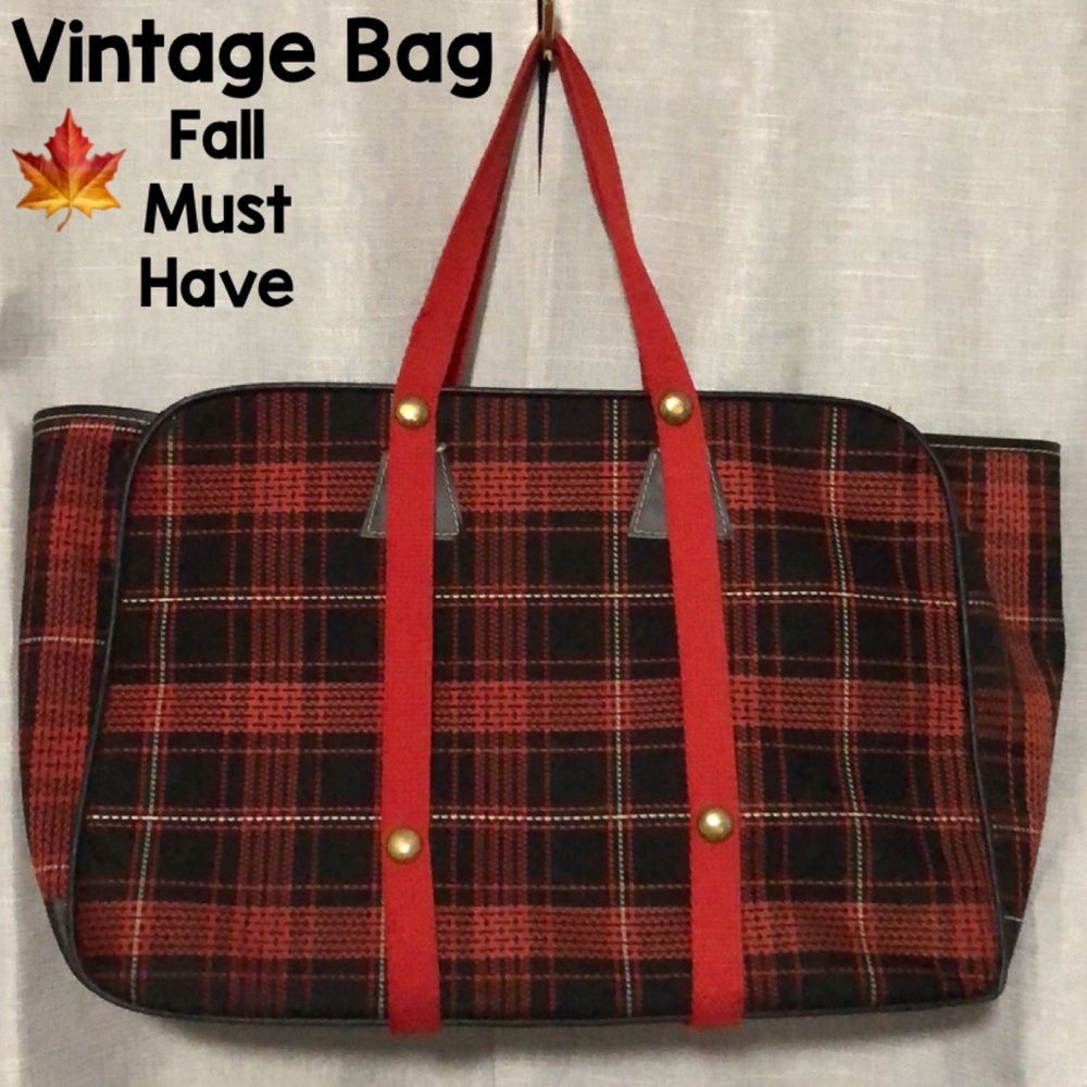 Vintage Tote-Red & Black Plaid-Fabric/PVC-Open Top-Large size
